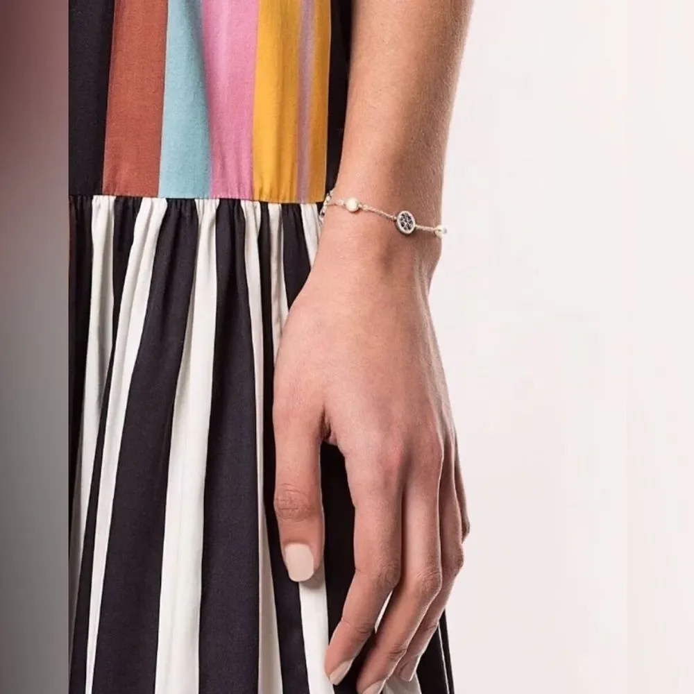 Tory Burch Crystal Logo & Pearl Station Bracelet Silver-Tone 7” Jewelry - Picture 8 of 9